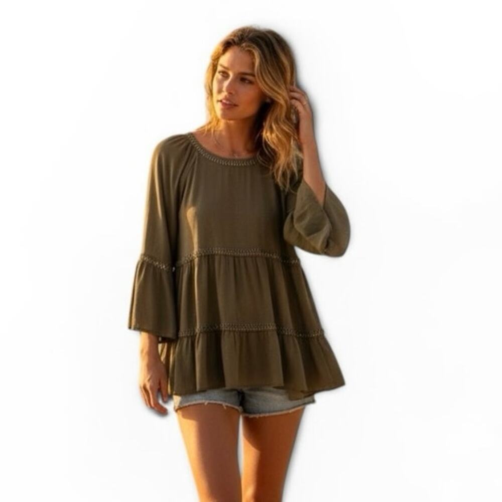 Spense Tiered Peasant Boho Top Size XL Rayon Crochet Lace Green Bell Sleeves